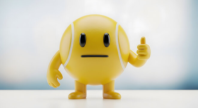 A 3D yellow character with a neutral expression performing a thumbs up gesture against a soft blurred background