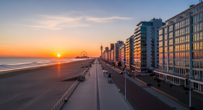 A breathtaking panoramic view of a seaside promenade during golden hour with modern buildings reflecting the warm sunlight and a calm ocean tide
