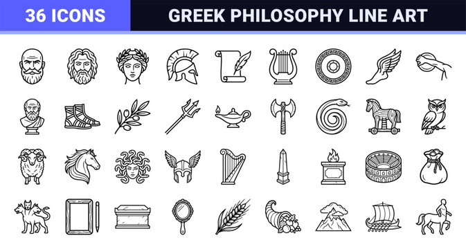 Ancient Greek Culture and Philosophy Monoline Symbols featuring Socrates Aristotle and Parthenon Architecture for Educational Graphic Design