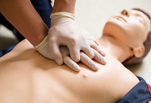 Close-up of gloved hands performing chest compressions on a CPR training mannequin during a first aid course.