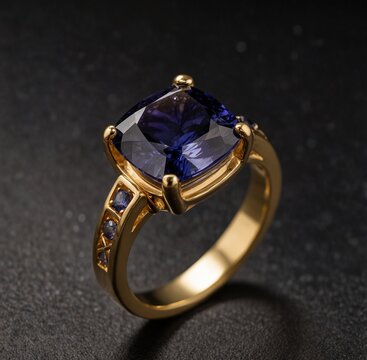 Cushion cut iolite gemstone on gold ring on plain black background