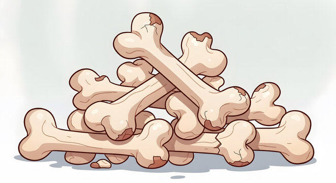 A simple heap of cartoonish white bones with some cracks and brown spots scattered on a plain surface