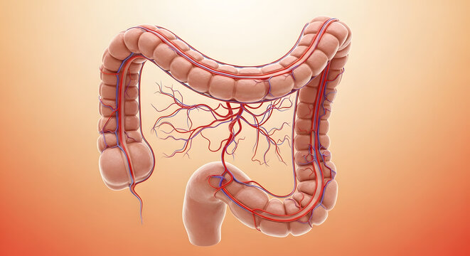 3D Anatomy of Human Colon with Detailed Mesenteric Vascular Branching Pattern. High-quality 3D medical illustration of the human large intestine (colon) displaying prominent haustra