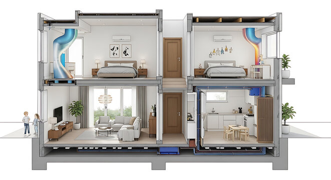Architectural cross section of modern townhouses with detailed interiors on transparent background