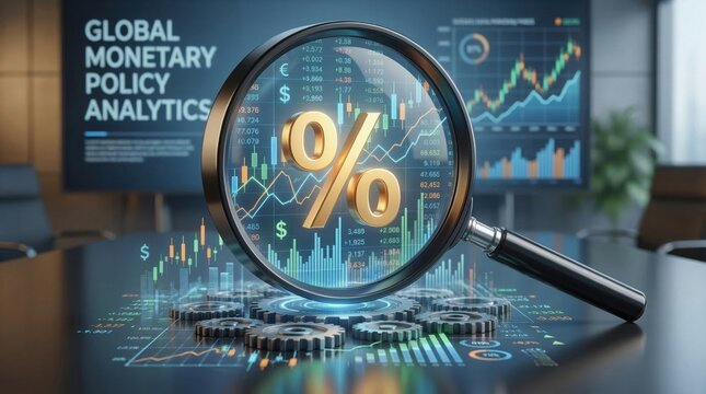 Monetary Policy Interest Rate Hikes concept. Magnifying glass highlighting percent symbol amid global monetary policy charts.
