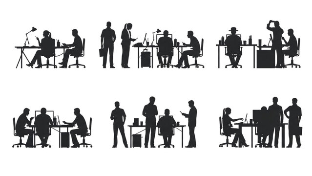 Architectural Office People Silhouette Vector Set &ndash; Multi View Human Figures Side Front Top Floor Plan Work Activity Isolated on White