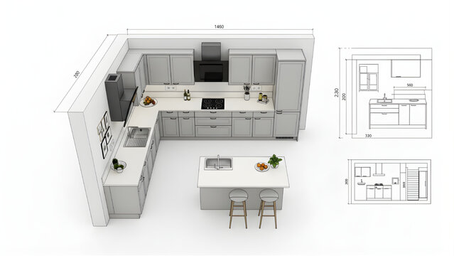 Contemporary Kitchen Layout 3D CAD Top View Floor Plan with Cabinet Elevation Modern Interior Design Blueprint Isolated on White