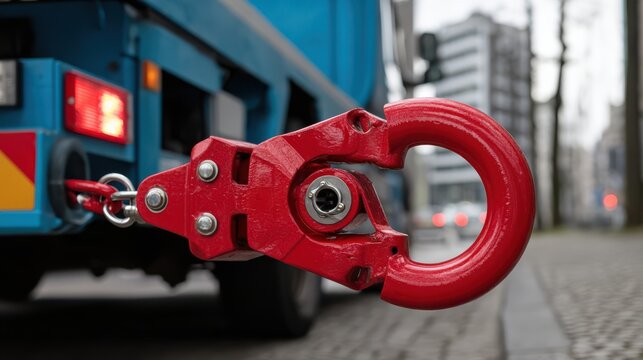 Close-up of a red heavy-duty towing hook attached to a blue vehicle, set against an urban street background with blurred buildings and pavement.