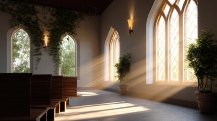 Fototapeta premium Serene Interior of a Bright Chapel with Natural Light and Elegant Windows Surrounded by Lush Greenery