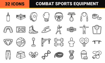 Fototapeta premium Professional Combat Sports and Boxing Equipment Monoline Icons, Sophisticated Minimalist Training Gear Vector Outline Symbols for Athletics