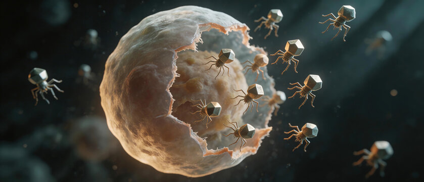 3D rendering of bacterial lysis and cell rupture releasing new bacteriophages