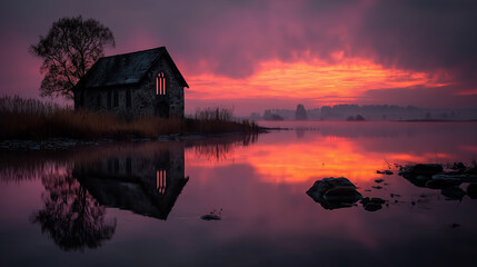 Fototapeta premium Abandoned church next to a lake that reflects the sunset and cloudy skies 