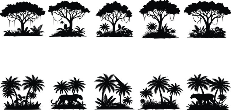Set of black tropical jungle silhouettes featuring palm trees, banyan trees, and wild big cats for nature design projects