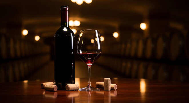 A bottle and glass of red wine with corks elegantly presented on transparent background