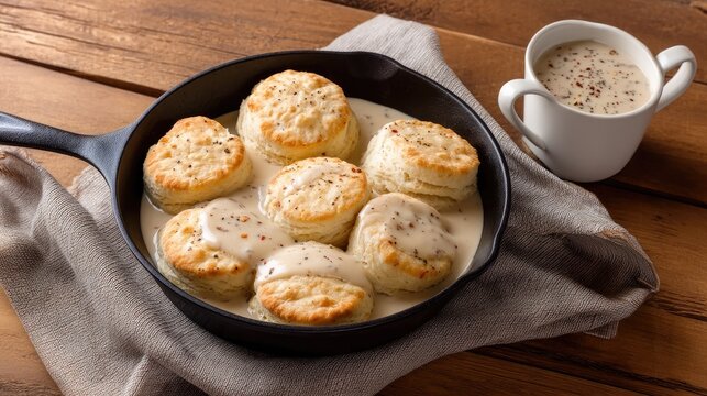 Fluffy Biscuits in Creamy Gravy Served in Cast Iron Skillet with Coffee on Rustic Wooden Table