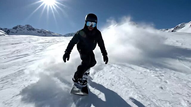 Snowboarder carves through powder snow on sunny mountain slope with clear blue sky
