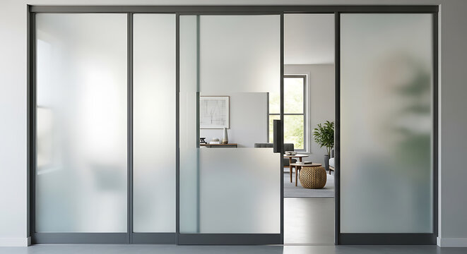 Modern frosted glass sliding doors with a metal frame on transparent background