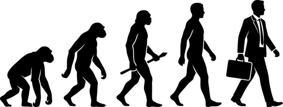 Evolution of man from ape to human using a laptop in black and white illustration showing progress
