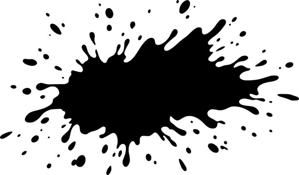 Black silhouette of puddle, a stain, dirt blot or blob. Paint, ink, black water with splashes and drops. Silhouette, shape, form. Stain of splashes, drops of a liquid. Isolated, vector illustration