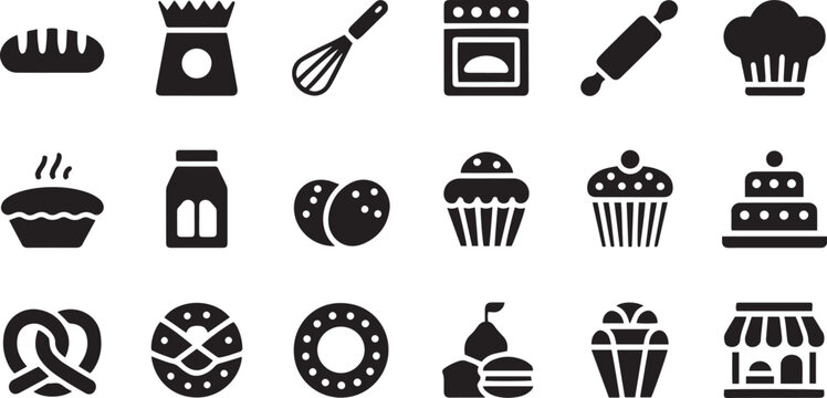 Bakery icon set. Dessert, pastry & kitchen tools symbol. Vector illustration
