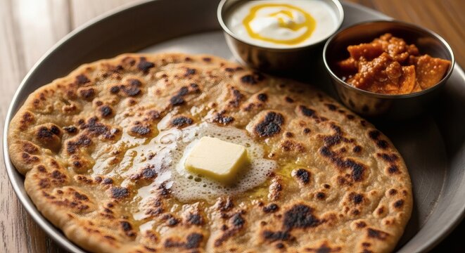 Photorealistic Aloo Paratha Butter Melting Yogurt Mango Pickle Traditional Metal Plate Rustic