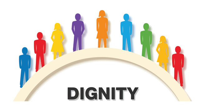 Vector illustration of diverse people standing on rainbow-colored arc with DIGNITY text
