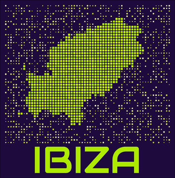 Ibiza dots map. Spain. Digital style shape of the island. Ibiza map and title lime colored square dots with round corners. Amazing Vector Illustration.