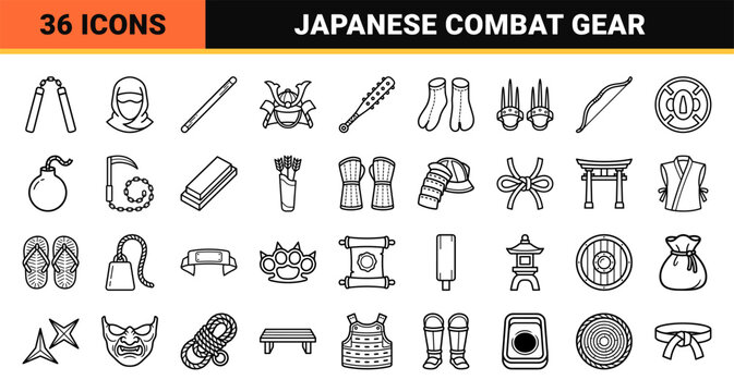 Japanese Martial Arts Monoline Symbols: Professional Shinobi and Samurai Equipment Outline Graphics for Technical Design Projects