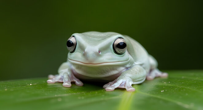 Close up portrait of a pale green white tree frog sitting on a vibrant green leaf with a blurred background