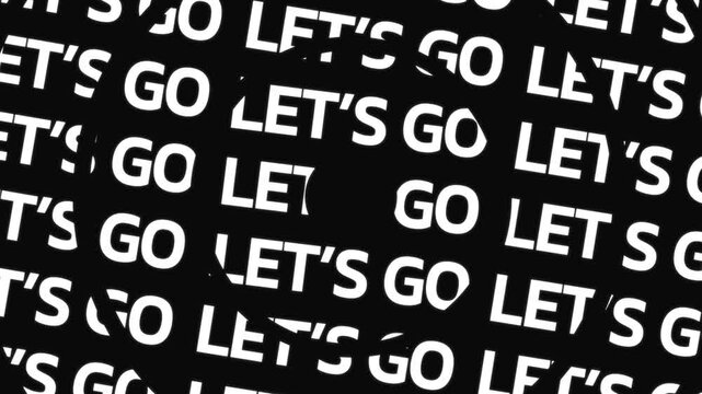 Concentric circles rotating in opposite directions filled with English words forming LET'S GO around a center space.