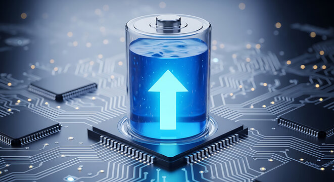 A futuristic battery with a glowing blue charge indicator on transparent background