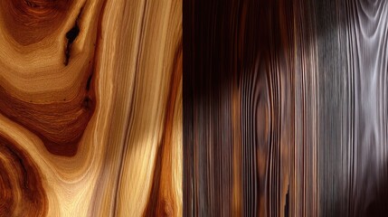 Obraz premium Natural Wood Textures Displaying Contrast of Light and Dark Patterns in Two Unique Grain Styles