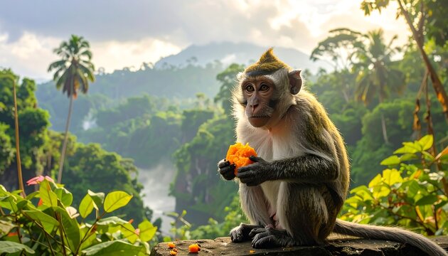 A monkey sitting on a tree branch eating fruit in a lush jungle