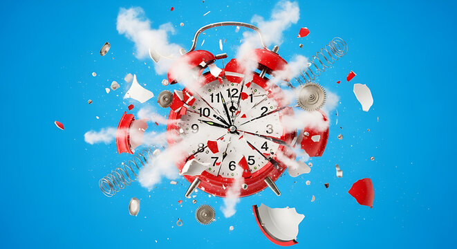 Exploding retro alarm clock with shattered pieces and smoke on transparent background