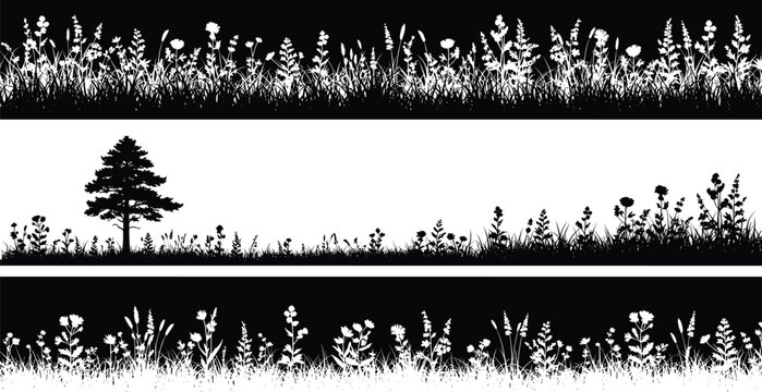Set of horizontal banners with black and white meadow grass silhouettes, wild flowers, herbal field borders, and pine tree landscapes.