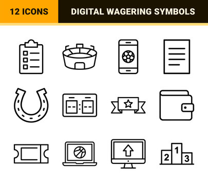 Online Sports Betting Monoline Icons Featuring Gambling Analytics and Wagering Interface Symbols in Sophisticated Minimalist Vector Style
