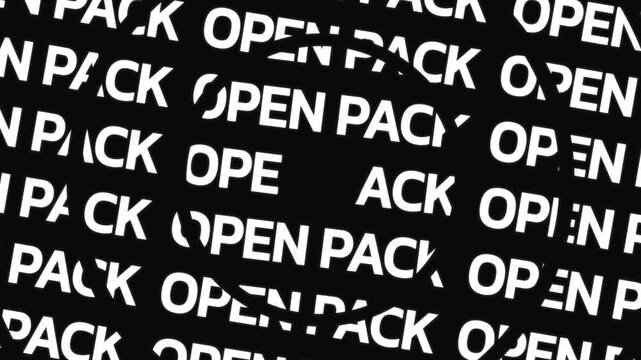 Concentric circles rotate in opposite directions carrying the phrase open pack repeated in circular text lines around a center space.