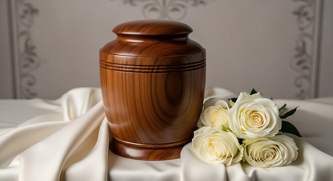 Elegant wooden urn with white roses a symbol of remembrance on transparent background