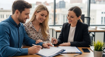 Obraz premium A couple discussing a financial document in an office setting.
