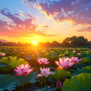 A serene field of vibrant pink lotus flowers at sunset
