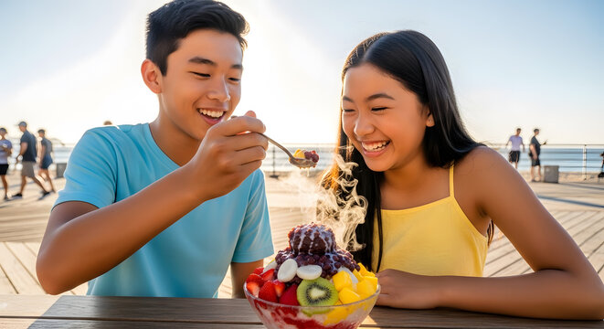 Happy young boy and girl sharing a bowl of cold shaved ice topped with kiwi strawberry and mango at beach boardwalk