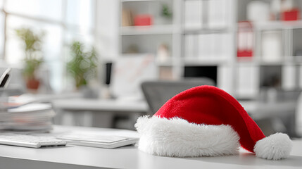 Fototapeta premium Red Santa Hat Placed on White Office Desk with Blurred Workspace Background 