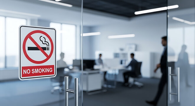 No smoking sign affixed to glass door with office visible beyond on transparent background