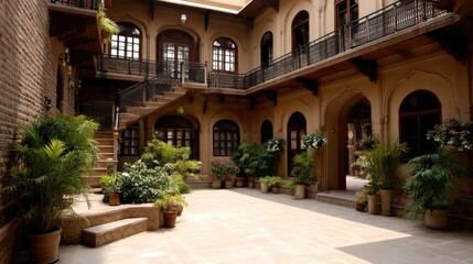 Fototapeta premium Beautiful Historic Courtyard with Plants and Architectural Details in a Traditional Building