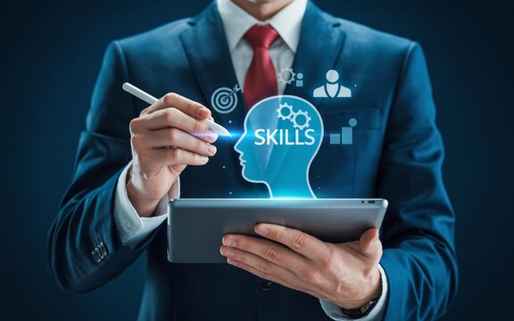 Businessman in blue suit develops skills with digital interface on tablet symbolizing professional growth and learning in a modern corporate environment