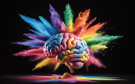 Vibrant human brain with colorful powder explosion concept for innovation and creativity