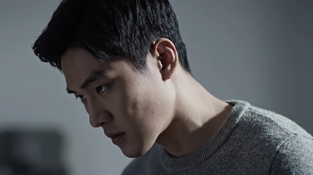 Young man looking down with a thoughtful expression.