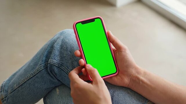 Hands holding a modern smartphone with a vivid green screen, ideal for digital content display, application interfaces, and technology mock-ups