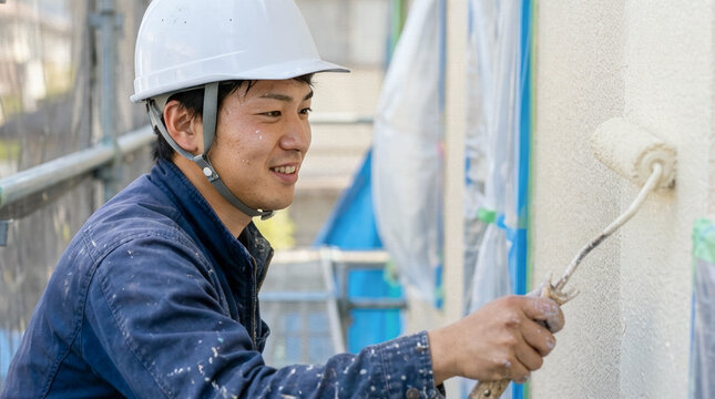 ローラーでペンキを塗る塗装工：外壁塗装の工事現場