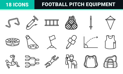 Obraz premium Soccer Tournament and Field Sports Monoline Symbols Featuring Corner Flags, Game Equipment, and Tactical Elements in Minimalist Outline Style.